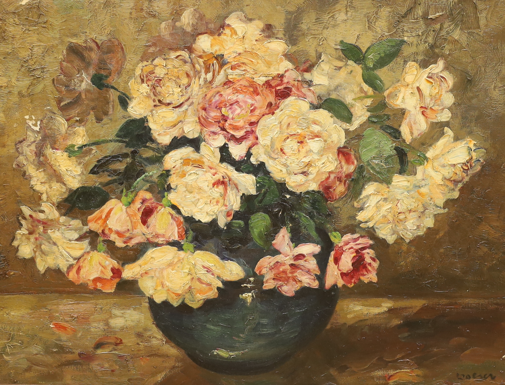 Johannes Jacobus Doeser (Dutch, 1884-1970) impasto oil on canvas, Still life of roses in a vase, signed, 57 x 77cm